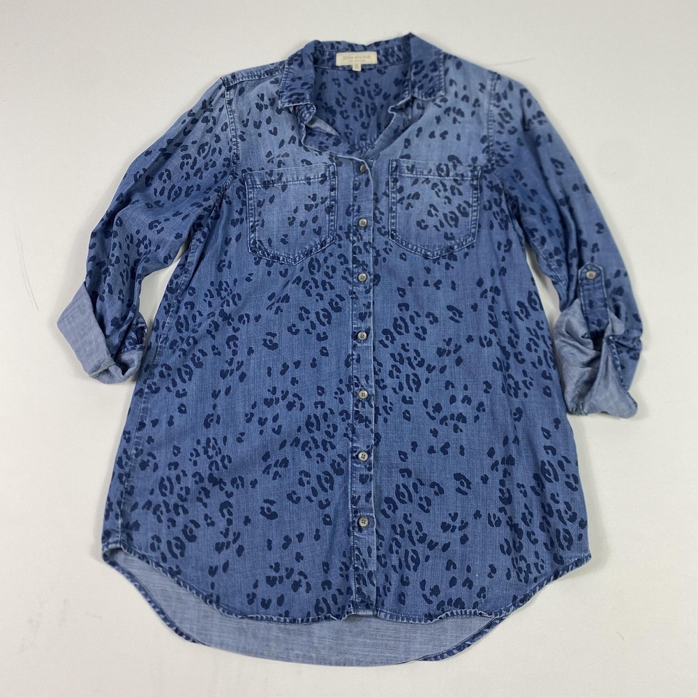Side Stitch Los Angeles Shirt‎ Womens XXS Blue Leopard Print Lyocell Button Up